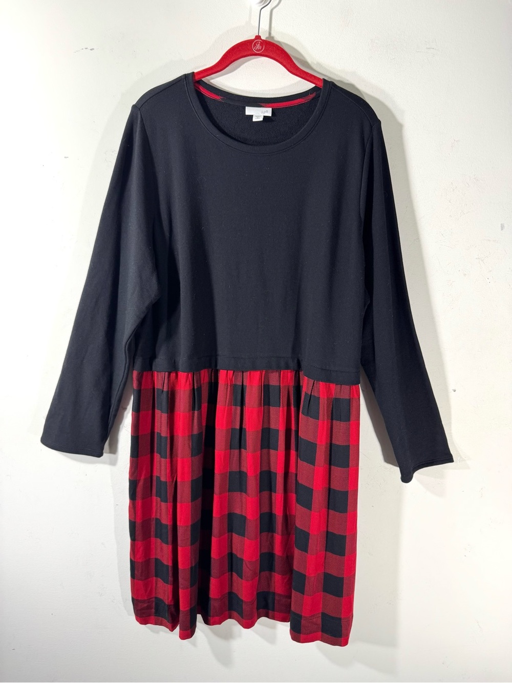 J. Jill Mixed Media Buffalo Plaid Dress Long Sleeve XL Petite - Picture 2 of 10